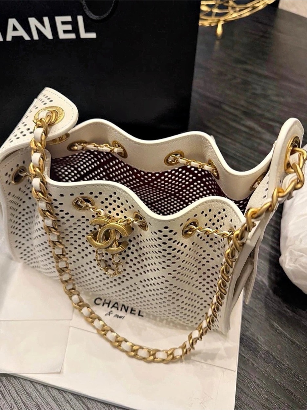 Chanel Perforated Shoulder Bag in White & Gold - Mini